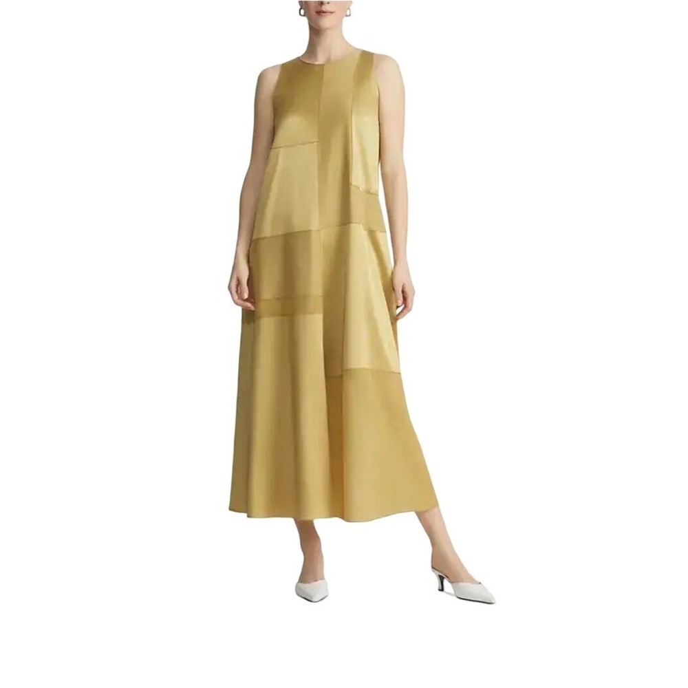 Lafayette 148 Silk Trapeze Dress Gold Block Panel Small